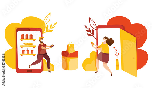 Vector of delivery service. Safety contactless delivery during quarantine. Online order tracking, at home and office. Online shopping. Remote payment. Smartphone with delivery mobile app. Courier.