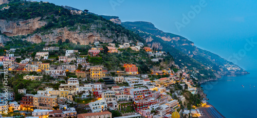 Sunset view of the town of Positano at Amalfi Coast, Italy.