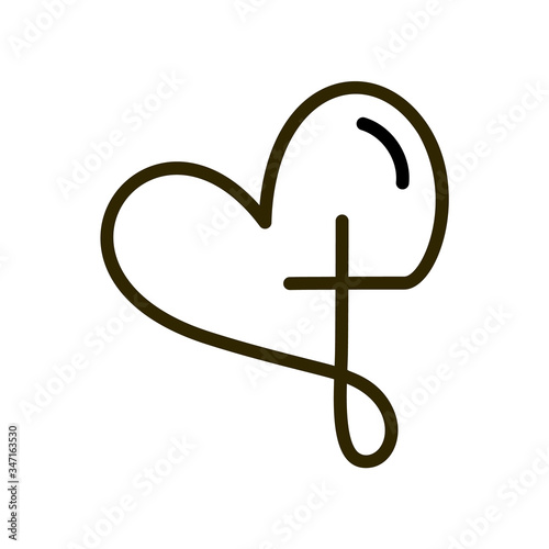 Abstract religious cross and heart icon. Christian love logo. Monoline vector illustration