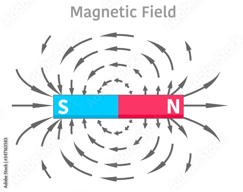 Magnetic field. Red, blue bar magnet area, domain. N and S poles. Metal or iron powders, particles with arrows. Magnetic lines. Physics, magnetism lesson. Illustration Vector