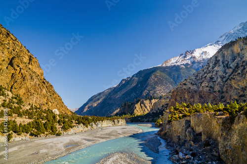 Kali Gandaki valley near Tukuche village in sunny winter day. Annapurna circuit / Jomsom trek, Nepal.