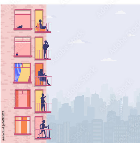 Residential building with people on open window terraces. Neighbors talk on phone, play sports, relax, drink coffee. Surroundings of apartments with city views