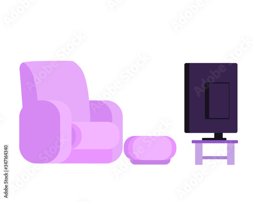 Armchair and TV interior furniture. Modern design concept. Vector illustration