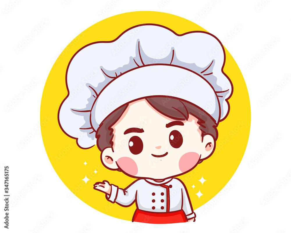 Cute Bakery chef boy welcome smiling cartoon art illustration logo. Premium  Vector Stock Vector | Adobe Stock