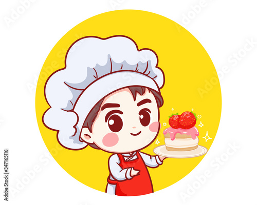 Cute Bakery chef boy Holding a cake smiling cartoon art illustration logo. Premium Vector
