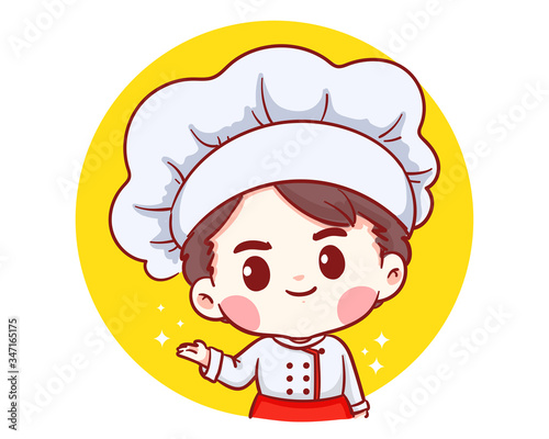 Cute Bakery chef boy welcome smiling cartoon art illustration logo. Premium Vector