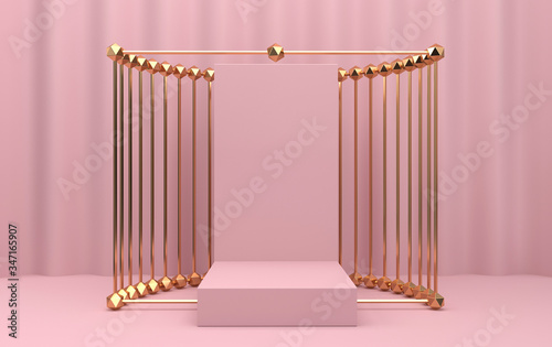 abstract geometric shape group set, pink studio background, golden cage, 3d rendering, scene with geometrical forms, rectangle pink pedestal inside the gold frame, curtain on the background, scene