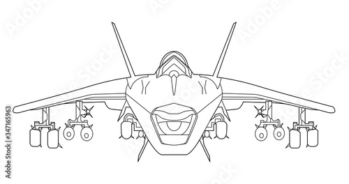 Vector line art military plane, concept design. Airplane black contour outline illustration isolated on white background