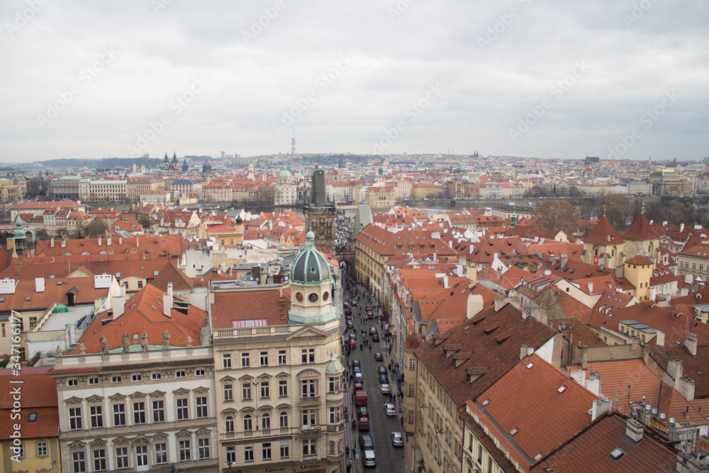 View from Prague Castle over the city. Winter, gray sky and typical blind houses.