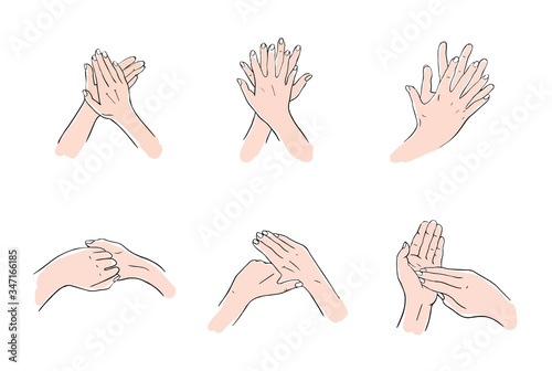 How to clean your hands properly. Rules for Disinfection and hand washing. The hygienic and medical treatment of an infection. Hand-drawn vector illustration in the Doodle style.