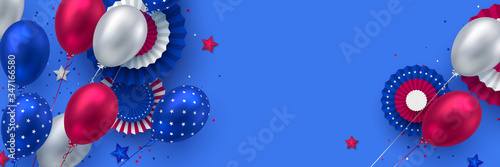 Glossy balloons in colors of American flag with confetti and paper fans. Background for 4th of July Independence day or national holidays of America. Copy space, vector.