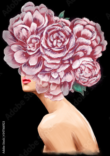 Girl with beautiful flowers instead of a head. Digital illustration. photo