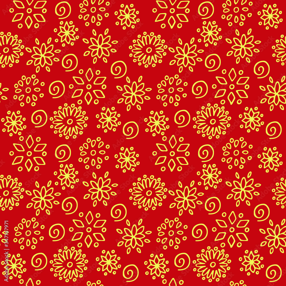 Seamless oriental pattern, vector illustration, hand drawing, hand drawing, red and yellow color Seamless oriental pattern, vector illustration, hand drawing, hand drawing, red and yellow color