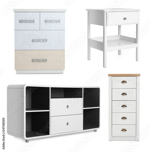 Collage of different modern furniture on white background
