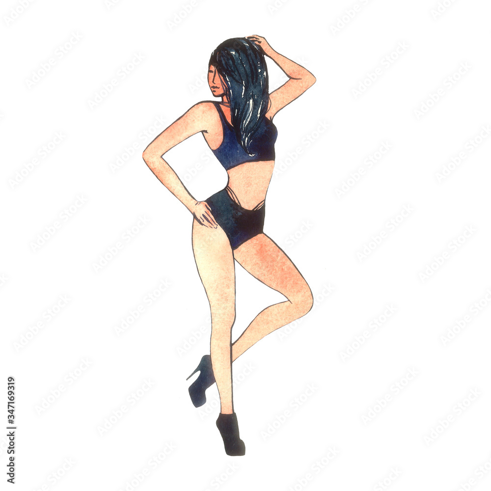 watercolor girl in strip style, strip plastic dancer in dark blue swimsuit, with long dark hair,with high heel shoes. For pole dance studios, dance studio, fitness and dance teachers