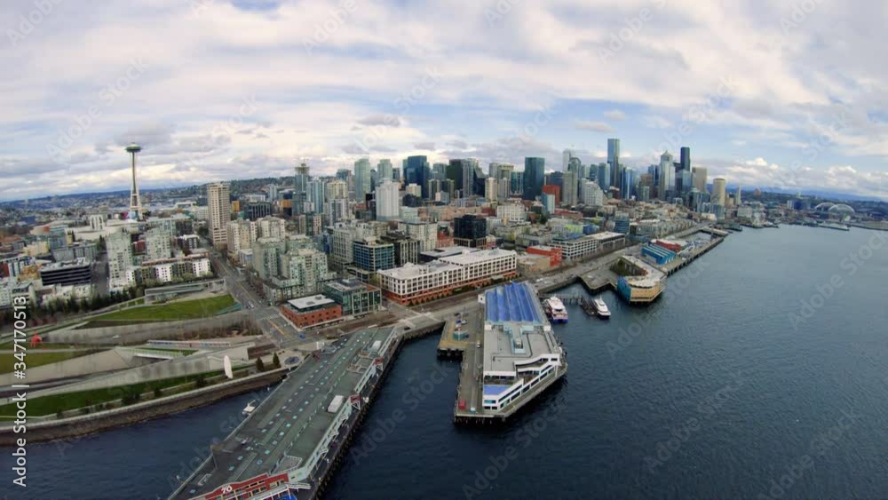 Drone Rising from Puget Sound to Reveal Seattle Skyline Skyscraper Buildings Drone Rising from Puget Sound to Reveal Seattle Skyline Skyscraper Buildings