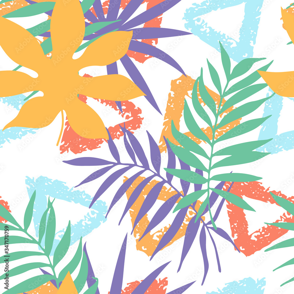 Fototapeta premium Abstract seamless pattern with hand drawn brush triangles and tropical palm leaves. Vector illustration for stylish background, banner, textile, wrapping paper design. Modern design.