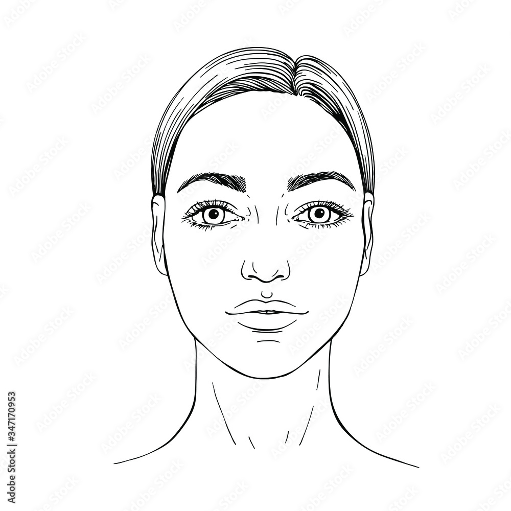 Sketch Young woman face. front face. Outline hand drawn illustration Sketch Young woman face. front face. Outline hand drawn illustration