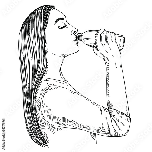 Sketch of young woman with long hair drinking water from bottle. Hand drawn illustration.