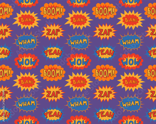 Hand drawn seamless vector pattern with comic book sound effects in bubbles, on a violet background. Flat style design. Concept for children textile print, wallpaper, wrapping paper, packaging.