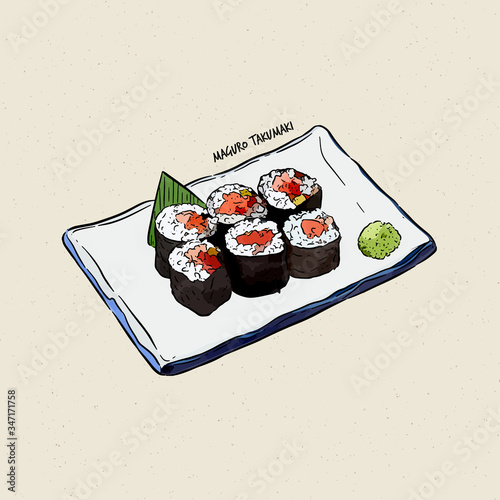 maguro taku maki, hand draw sketch vector.
