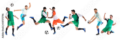 Collage with photos of young men playing football on white background. Banner design © New Africa