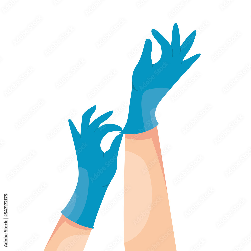 Obraz premium Human hands wearing blue latex medical gloves. Infection and virus protection. Coronavirus COVID-19 prevention. Vector illustration isolated on white background.