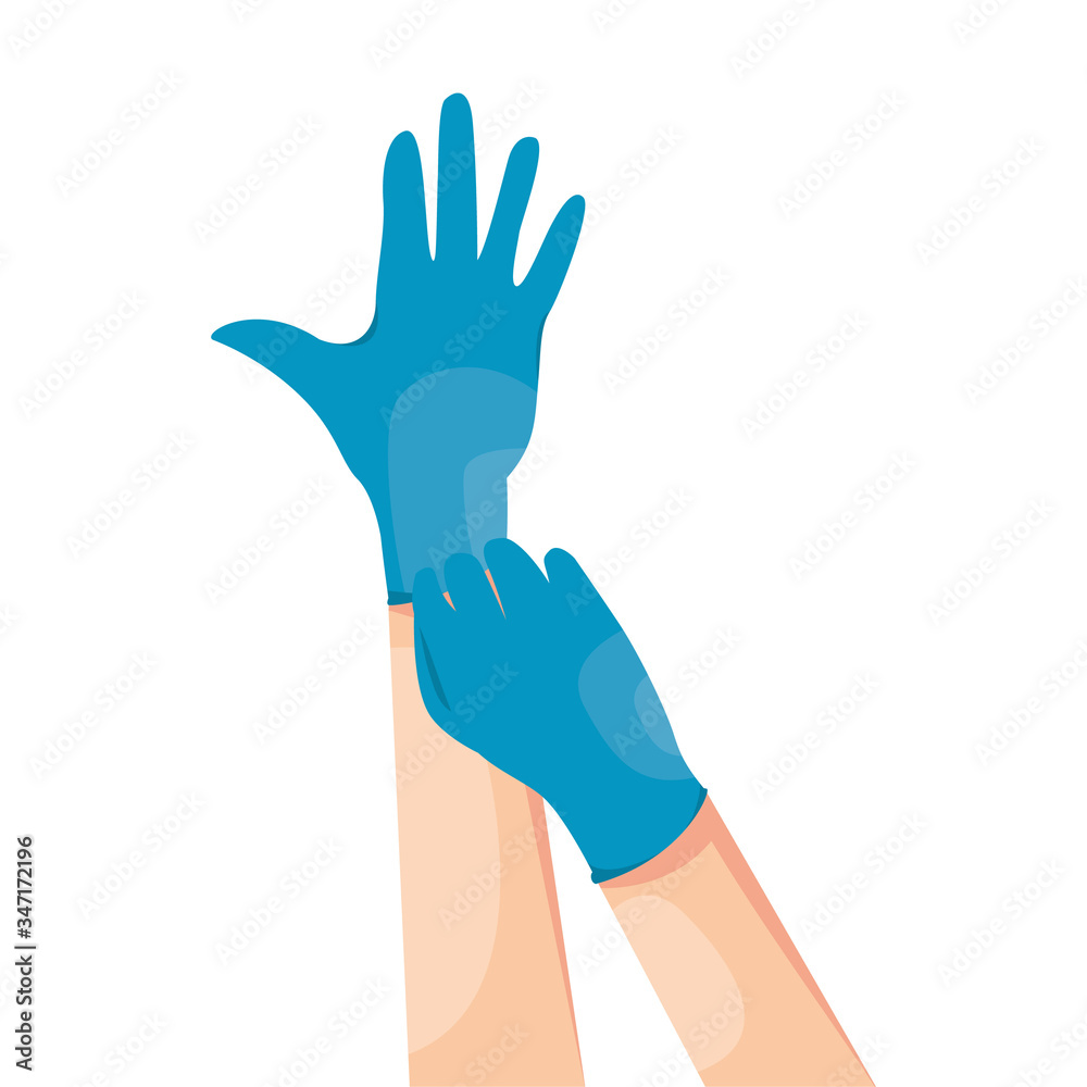 Obraz premium Human hands wearing blue latex medical gloves. Infection and virus protection. Coronavirus COVID-19 prevention. Vector illustration isolated on white background.