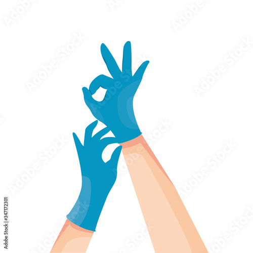 Human hands wearing blue latex medical gloves. Infection and virus protection. Coronavirus COVID-19 prevention. Vector illustration isolated on white background.