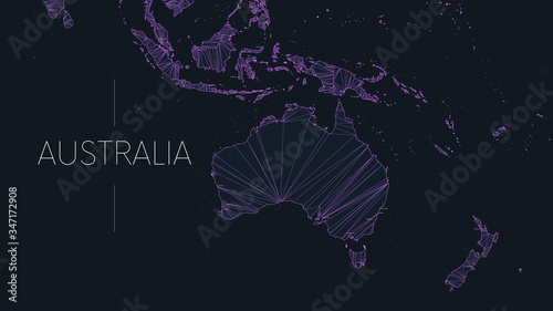 Polygonal map of the Australian continent with nodes linked by lines, vector global network concept poster, abstract illustration