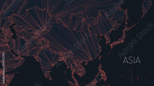 Polygonal map of the Asian continent with nodes linked by lines, vector global network concept poster, abstract illustration