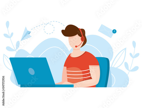 Online customer service agent with headphones. Distance support concept. Agent with headset talking with client. Global technical support vector illustration. Helpdesk.