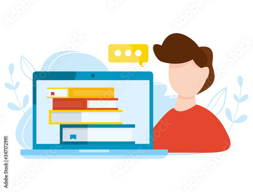 Student with laptop studying and learning at online courses. Distance graduate concept. Home education vector illustration. Internet education, training, e-learning concept. Online library.