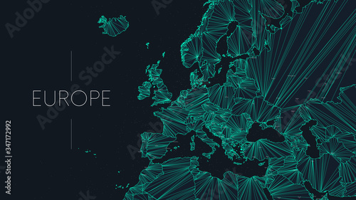 Polygonal map of the European continent with nodes linked by lines, vector global network concept poster, abstract illustration