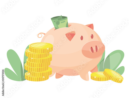 Piggy bank with coins and cash vector illustration. Money Savings concept. Cash protection. Finance saving banner. Money investment. Deposit.