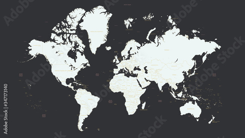 Detailed world map with country names and big cities  seas and oceans  light silhouette on a dark background  vector graphics