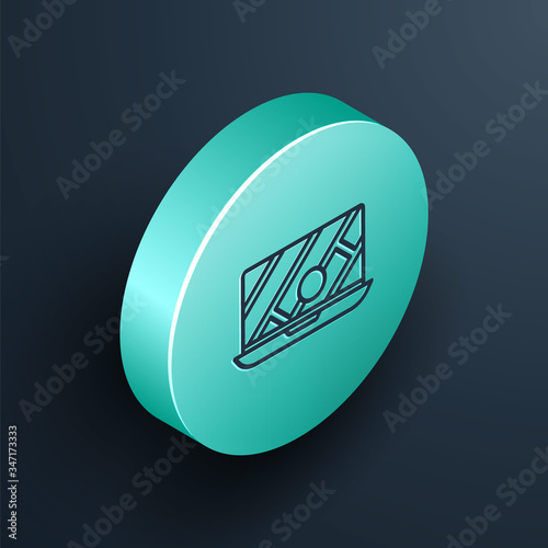 Isometric line Infographic of city map navigation icon isolated on black background. Laptop App Interface concept design. Geolocation concept. Turquoise circle button. Vector Illustration