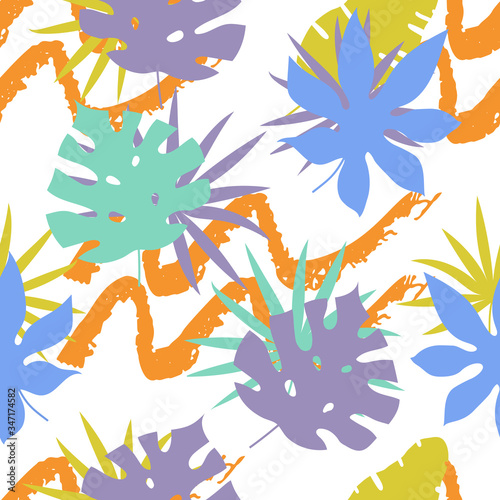 Seamless pattern with abstract hand drawn paint wave lines and tropical leaves. Botanical silhouette template on a modern colorful endless background. Vector illustration.