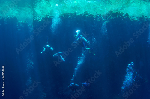 Front view on scuba divers group swimming who exploring deep dark ocean blue water against the backdrop of a coral reef. Male and female in flippers examines the seabed. Dive. Active life.Air bubbles.