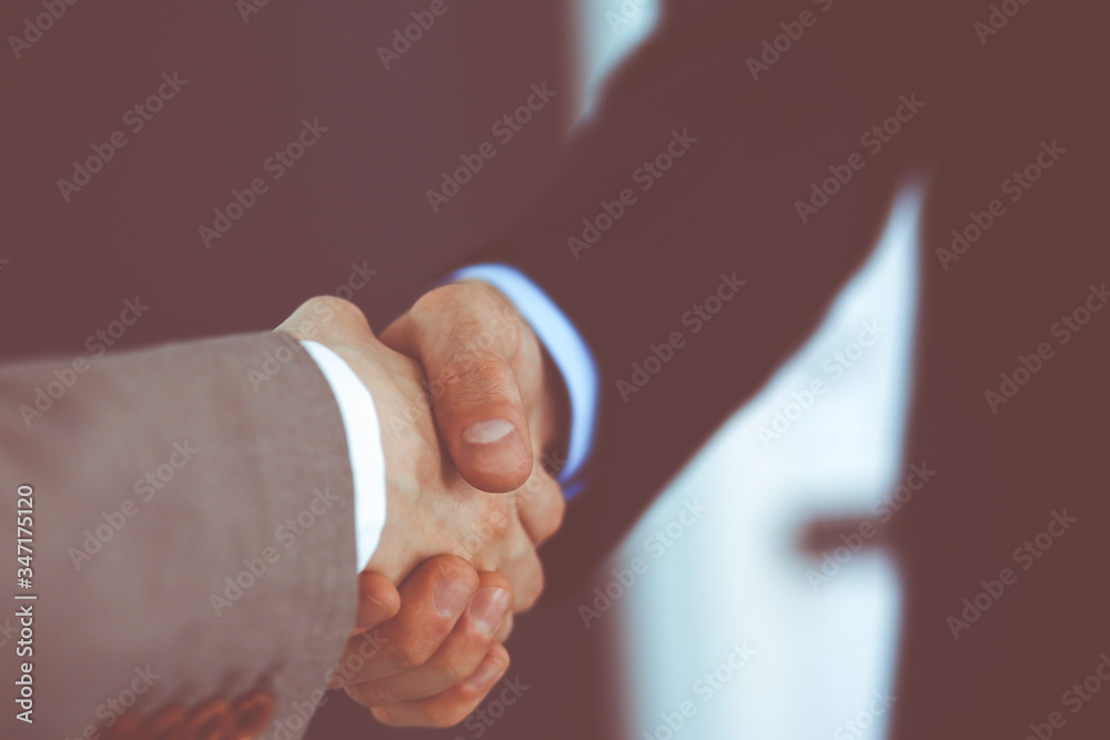 Business people shaking hands while standing with colleagues after meeting or negotiation, close-up. Group of unknown businessmen and women in modern office. Teamwork, partnership and handshake Business people shaking hands while standing with colleagues after meeting or negotiation, close-up. Group of unknown businessmen and women in modern office. Teamwork, partnership and handshake