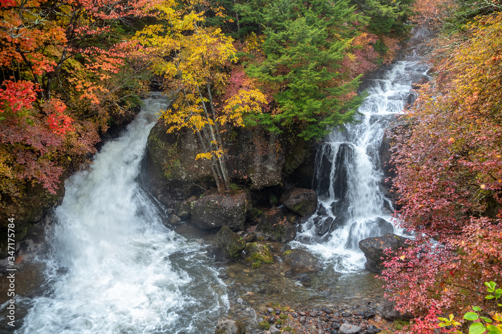 Beautiful scene of Ryuzu waterfall with colorful autumn trees for background , copy space , Nikko Beautiful scene of Ryuzu waterfall with colorful autumn trees for background , copy space , Nikko