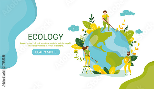 Ecology concept. People take care about planet ecology. Protect nature and ecology banner. Earth day Globe with trees plants and volunteer. Vector illustration. Web template for internet sites headers