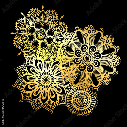 Mandala. Vintage round pattern. Hand drawn abstract background. Traditional Indian henna mehendi tattoo element in gold and black. Vector illustration.