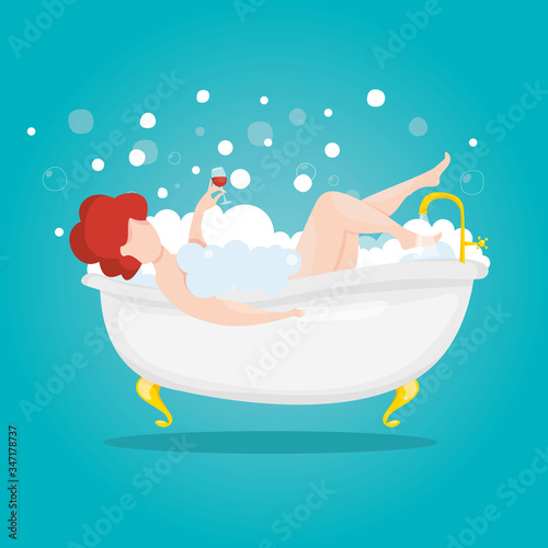 Woman with a glass of wine takes a bath. Rest after a hard day. Young girl relaxing in bathroom. Cosmetic and spa procedures. Vector illustration.