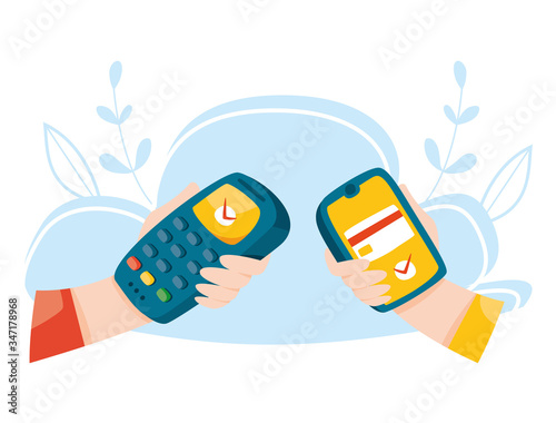 Contactless payment by phone. Pos terminal. Wireless mobile payment. Nfc concept. Online banking vector illustration.