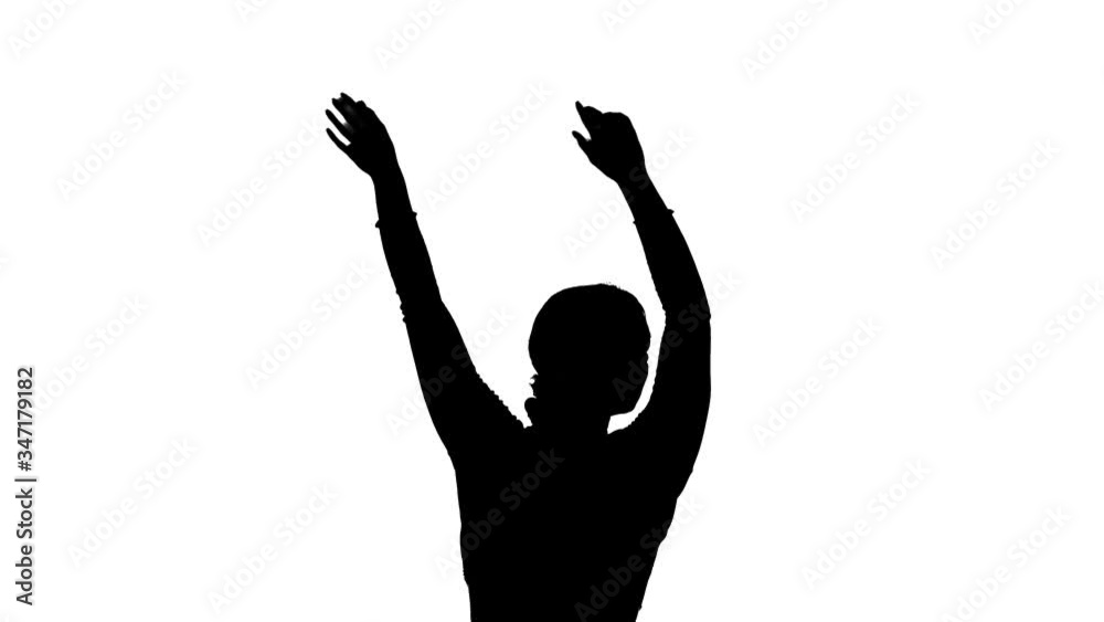 Medium long shot of young beautiful girl dancing contemporary, modern ballet dance, black silhouette on a white background Medium long shot of young beautiful girl dancing contemporary, modern ballet dance, black silhouette on a white background