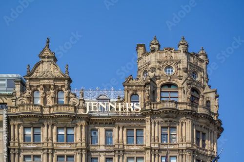 Detail view of a historic buildings top, on Edinburgh city center downtown, in Scotland