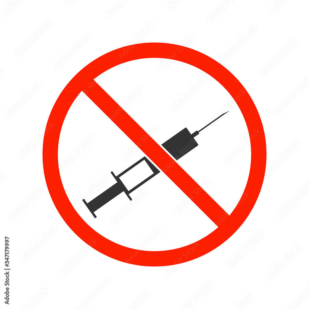 Refusal of vaccination, drugs, narcotic concept with stop sign icon plastic medical syringe in flat style, concept of stopping vaccination, injection, narcotic. isolated vector illustration Refusal of vaccination, drugs, narcotic concept with stop sign icon plastic medical syringe in flat style, concept of stopping vaccination, injection, narcotic. isolated vector illustration