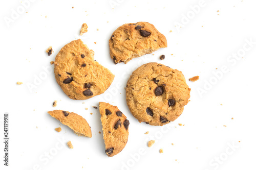 homemade chocolate chips cookies on white background in top view