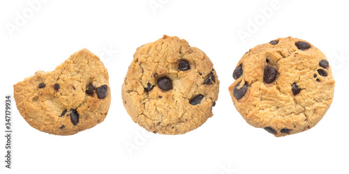 homemade chocolate chips cookies on white background in top view